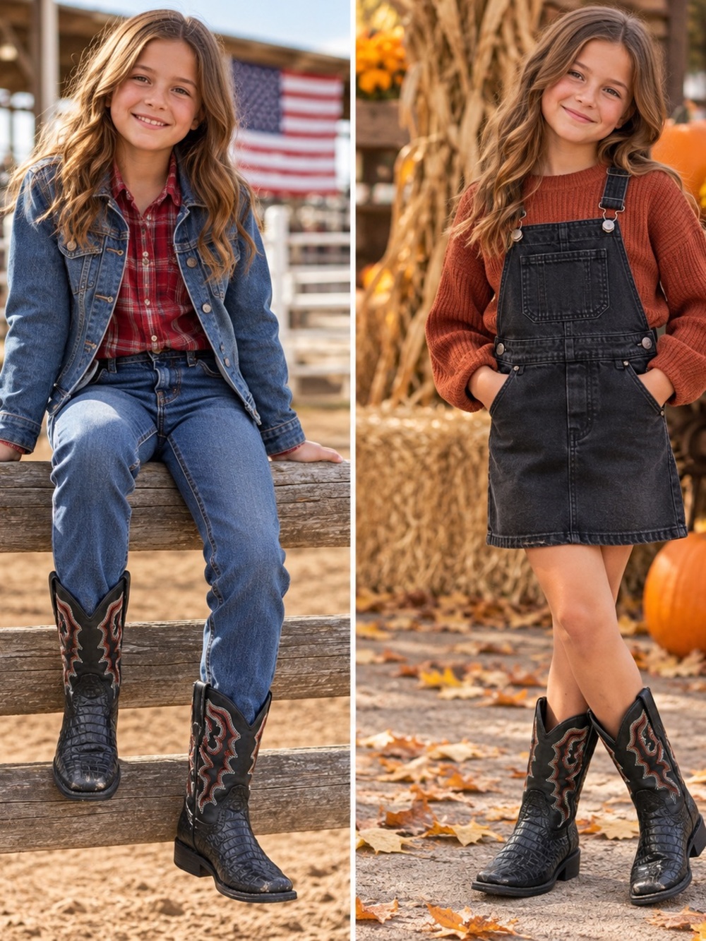 Cowgirl Kids Black Faux Croc Western Cowboy Boots Estimated Youth 3-4
